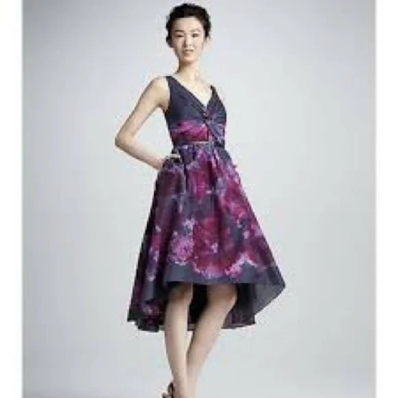 Womens Neiman Marcus Lela Rose Purple Floral Cotton Silk Sleeveless Dress Size 8 - Picture 2 of 6